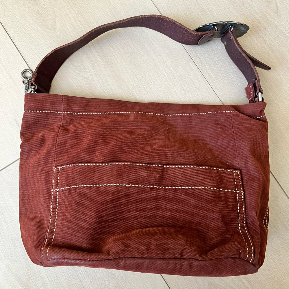 Fossil Brand Brown Canvas Hobo Bag With Leather S… - image 2
